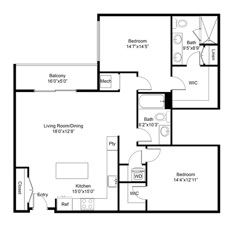 Floor plan for 2 beds, 2 baths, 1236 sqft